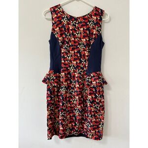 Kachel Anthropologie Navy Blue Red Floral 100% Silk Peplum Sleeveless Dress Sz 4